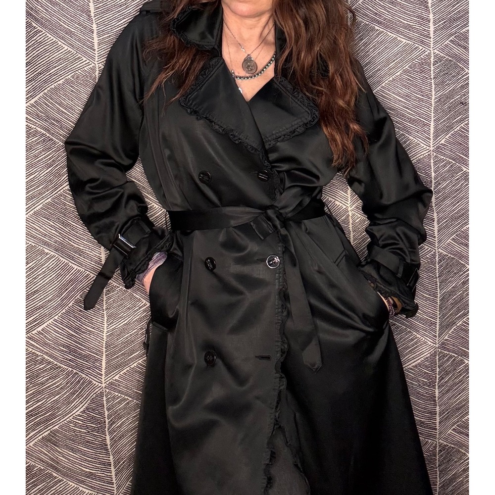 Vintage ST JOHN COLLECTION Black Satin  Ruffled Trench Coat‎ Size 10